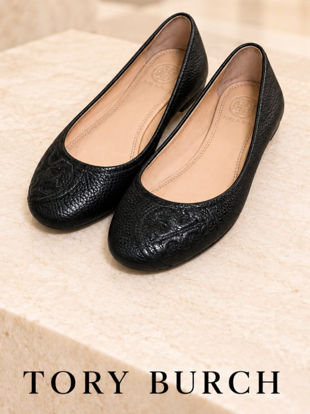 Tory Burch Black Leather Ballet Flats 7.5 Embossed Logo Round Toe Classic Shoes